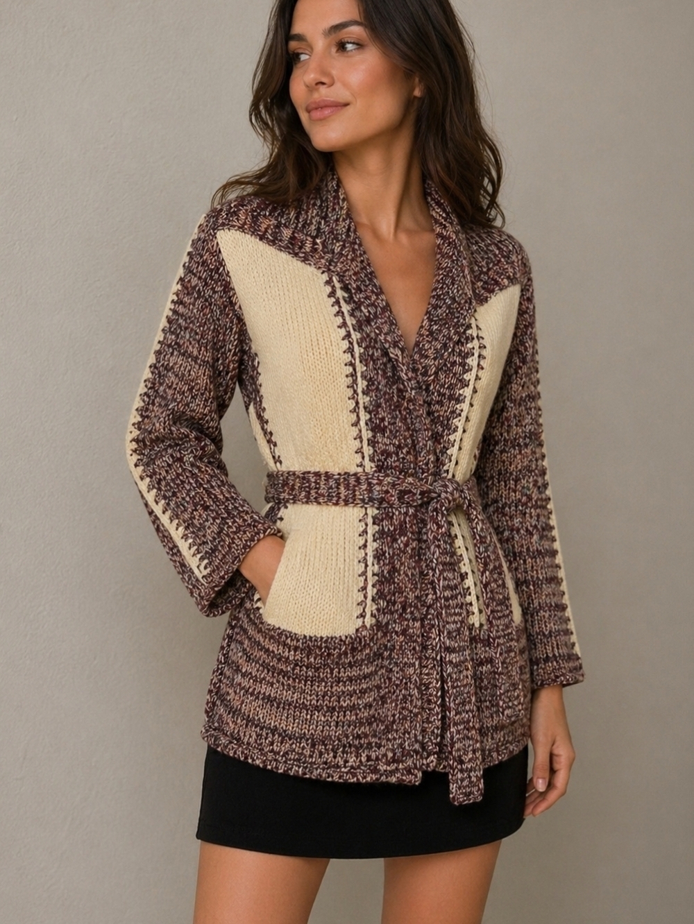 VTG 1970s Western Boho Hand Loomed Cardigan Hoodie Tie Waist Festival Sweater
